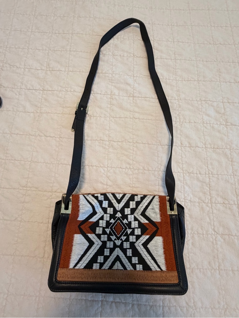Sam Edelman Black Crossbody with Rust and White Geometric Front